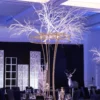 Wypożyczalnia dekoracji Rent4Events prezentuje elegancką, zimową aranżację eventową sali z centralnie ustawionym w kadrze stołem z dekoracją w postaci białego drzewa w złotym stelażu "karuzela". Stoły są nakryte czarnymi obrusami, z eleganckimi świecznikami i kieliszkami, a cała scena skąpana jest w chłodnym niebieskim świetle. W tle znajduje się srebrna figura jelenia, co dodaje zimowego charakteru. Aranżacja idealnie sprawdzi się na zimowe wesela, śluby i inne eventy we Wrocławiu i okolicach - rent4events.pl wypożycz wrażenia, rent4wedding.pl zachowaj wspomnienia. Fot. @karolinakiec_fotografia.